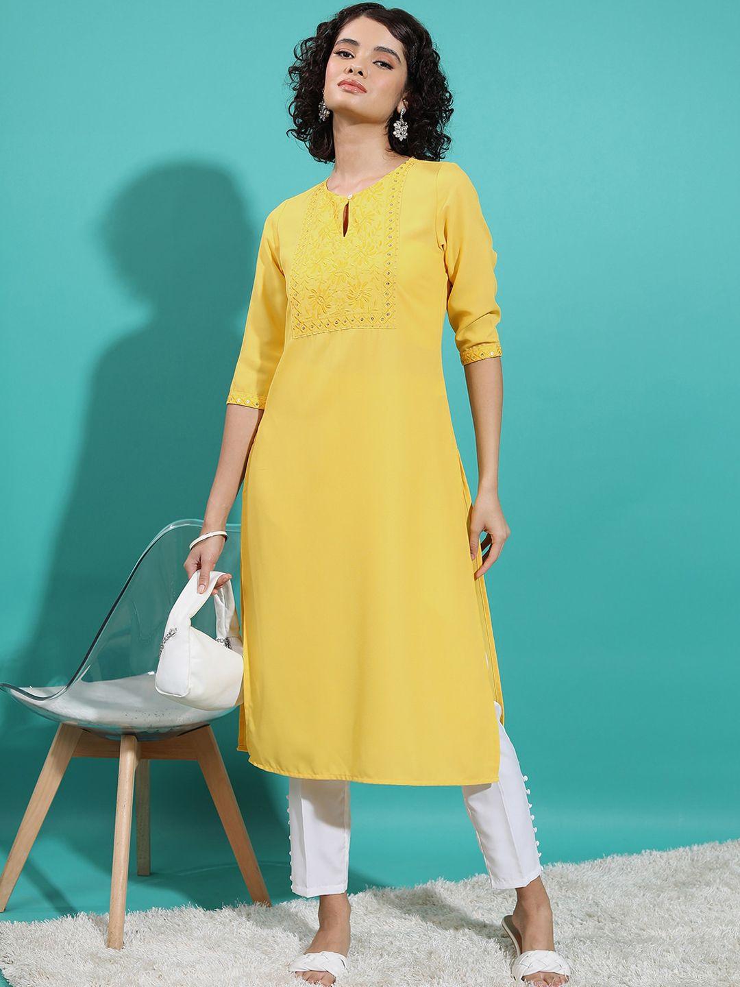 ketch yellow floral yoke design kurta