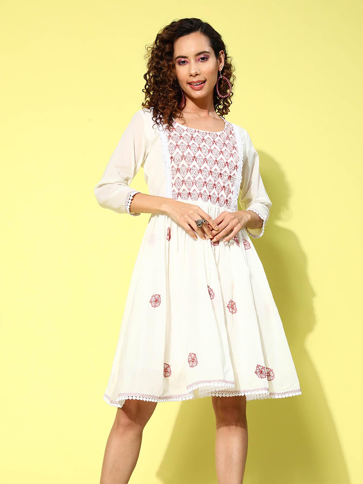 keyhole neck cotton embroidered white flared dress