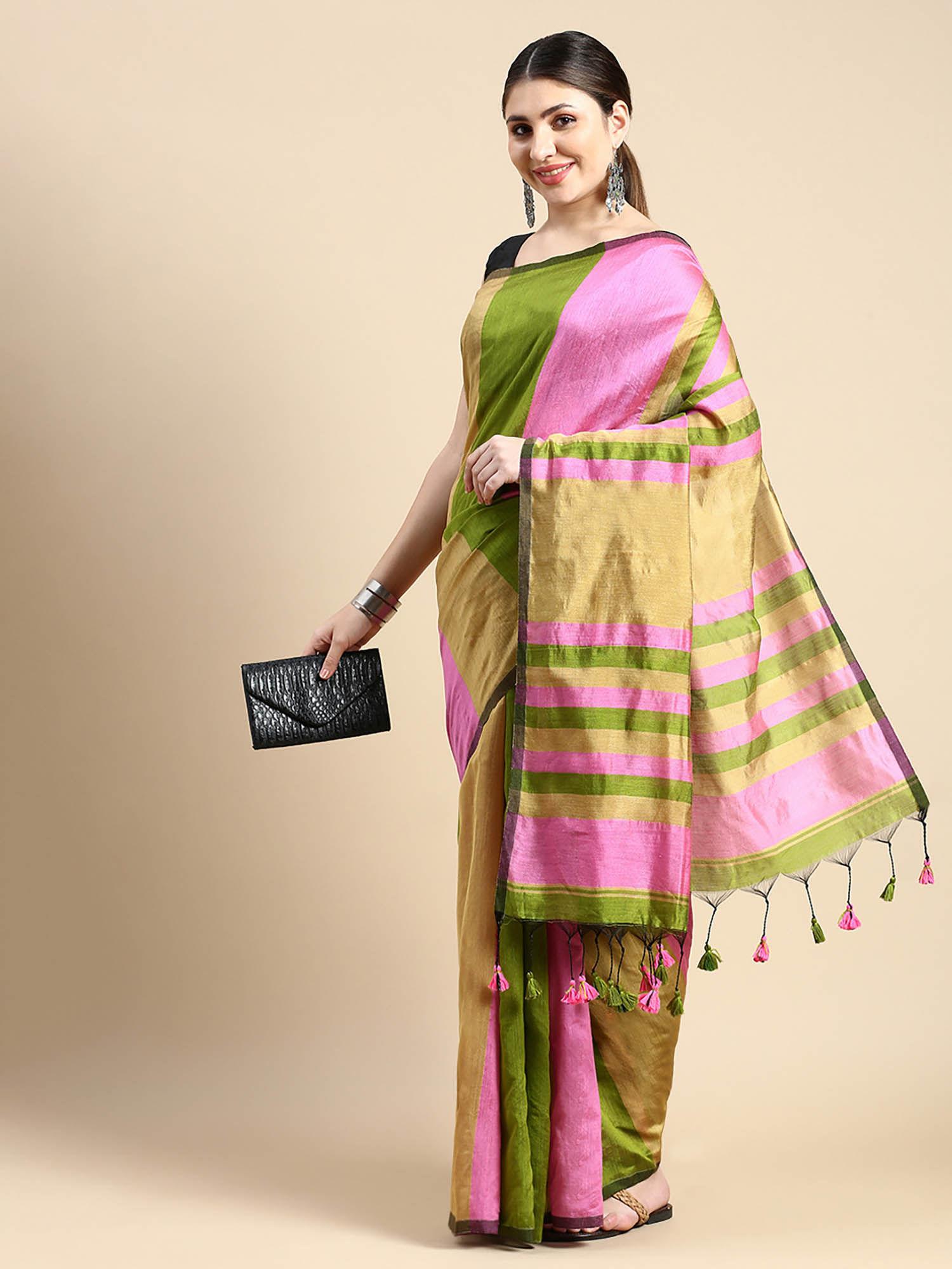 khadi ghicha handloom cotton silk saree green with unstitched blouse