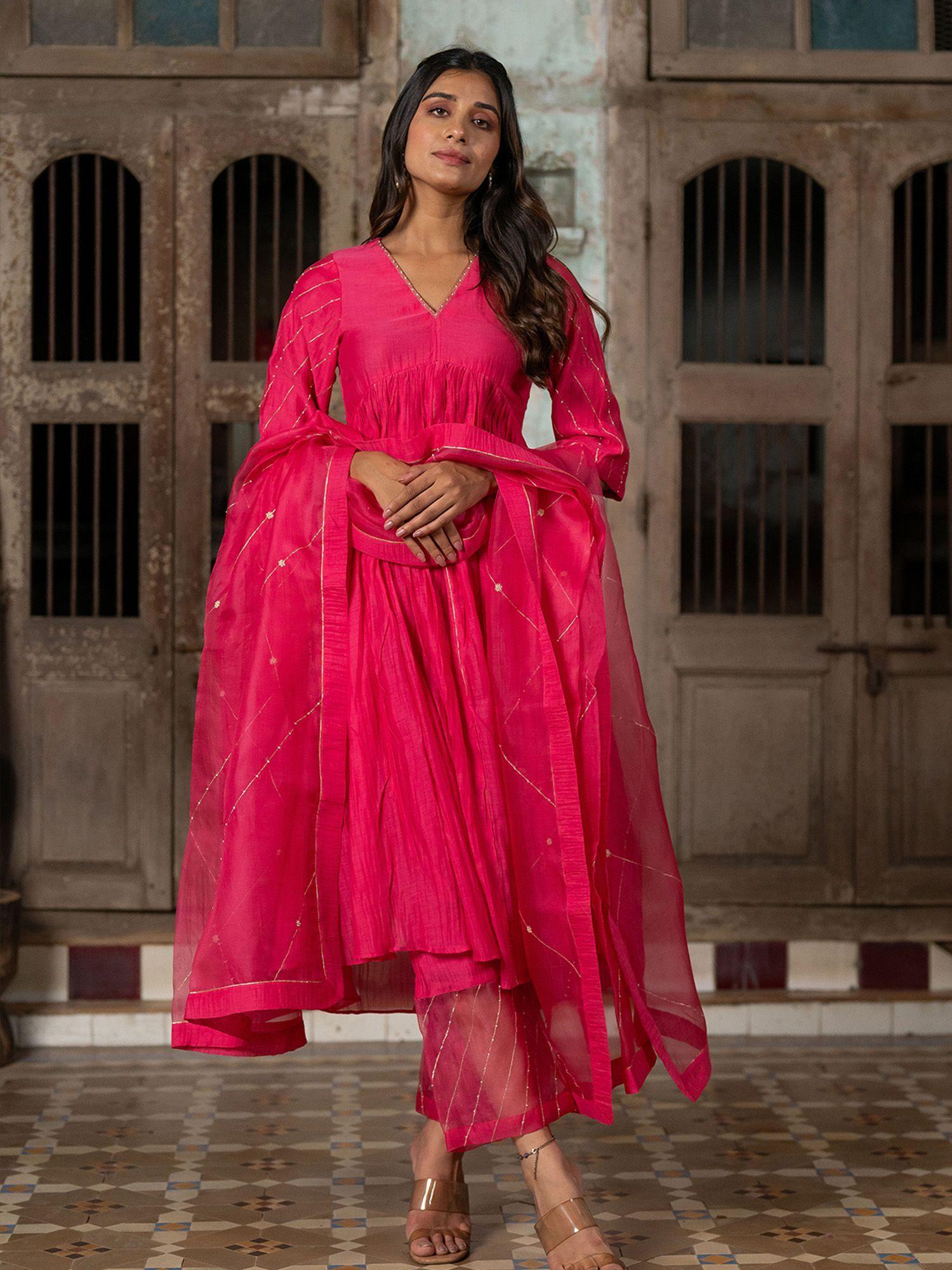 khadi moti chanderi silk empire gather flair kurta & pant pink (set of 2)