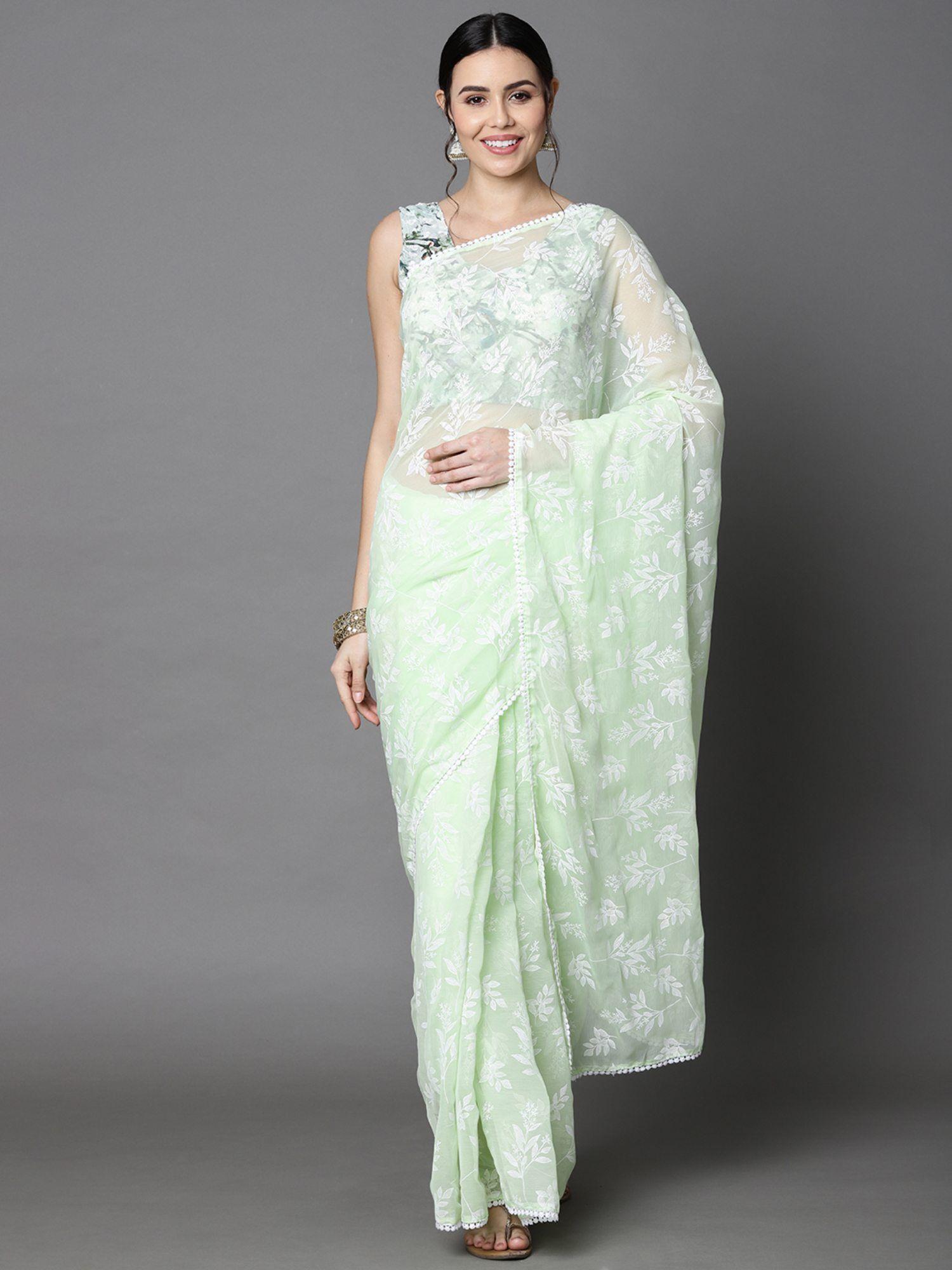 khadi print light green saree with unstitched blouse