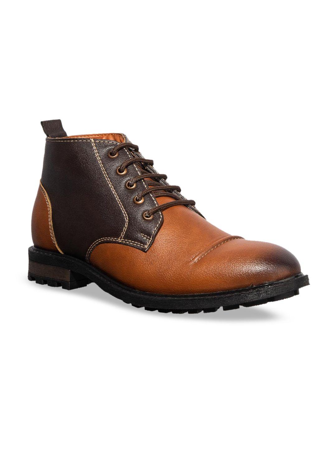 khadims men brown colourblocked synthetic mid-top flat boots