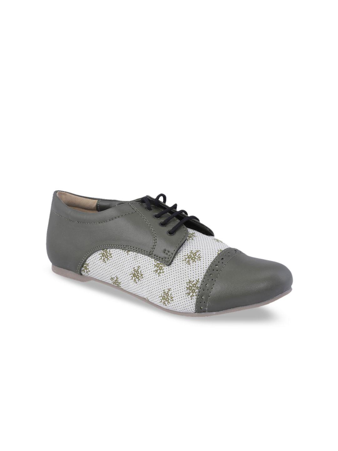 khadims women olive green & off-white printed derbys