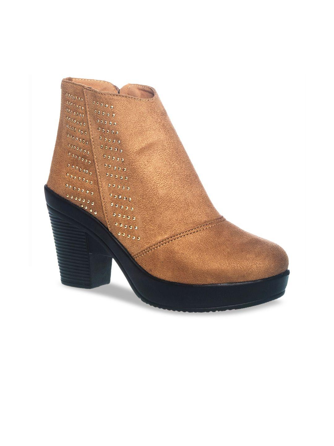 khadims women tan solid velvet heeled boots