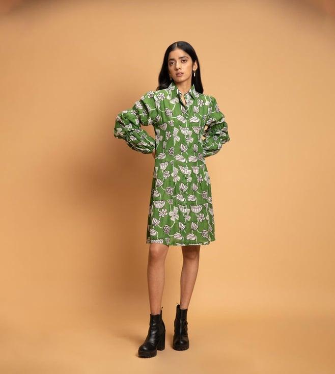 khajoor studio green & white bageecha picnic botanical vine statement shirt dress