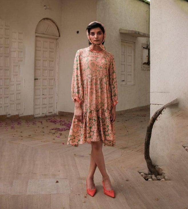 khajoor studio pink & aloe green bageecha 70's short tier dress