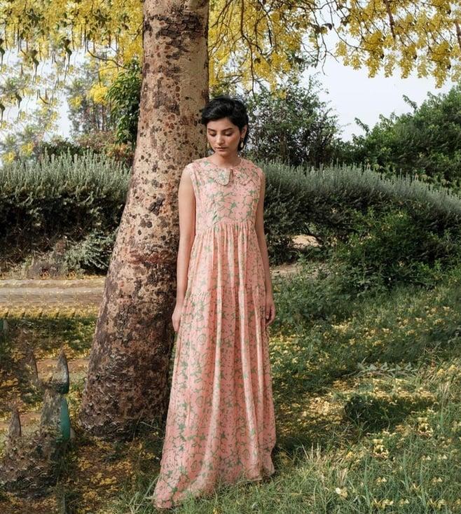 khajoor studio pink & aloe green bageecha amethyst floret long tier dress