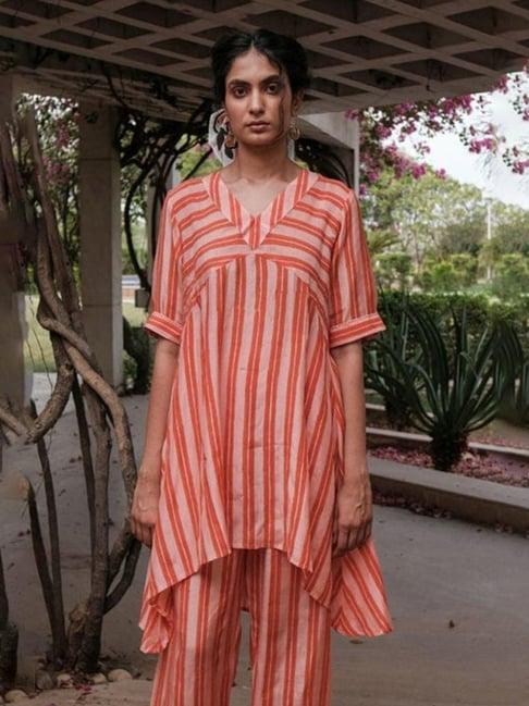 khajoor studio pink & red bageecha trellis stripes asymmetric tunic