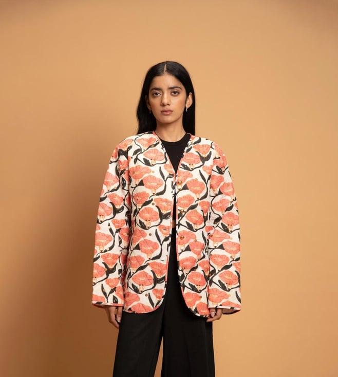 khajoor studio pink & white bageecha azalea bomber jacket in outlined florals