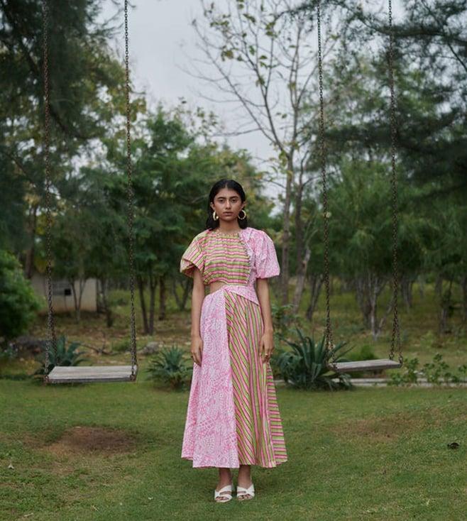 khajoor studio pink sundaze meadow carnival side cut dress
