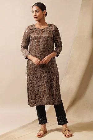 khakhi ajrakh print kurta in lustrous satin