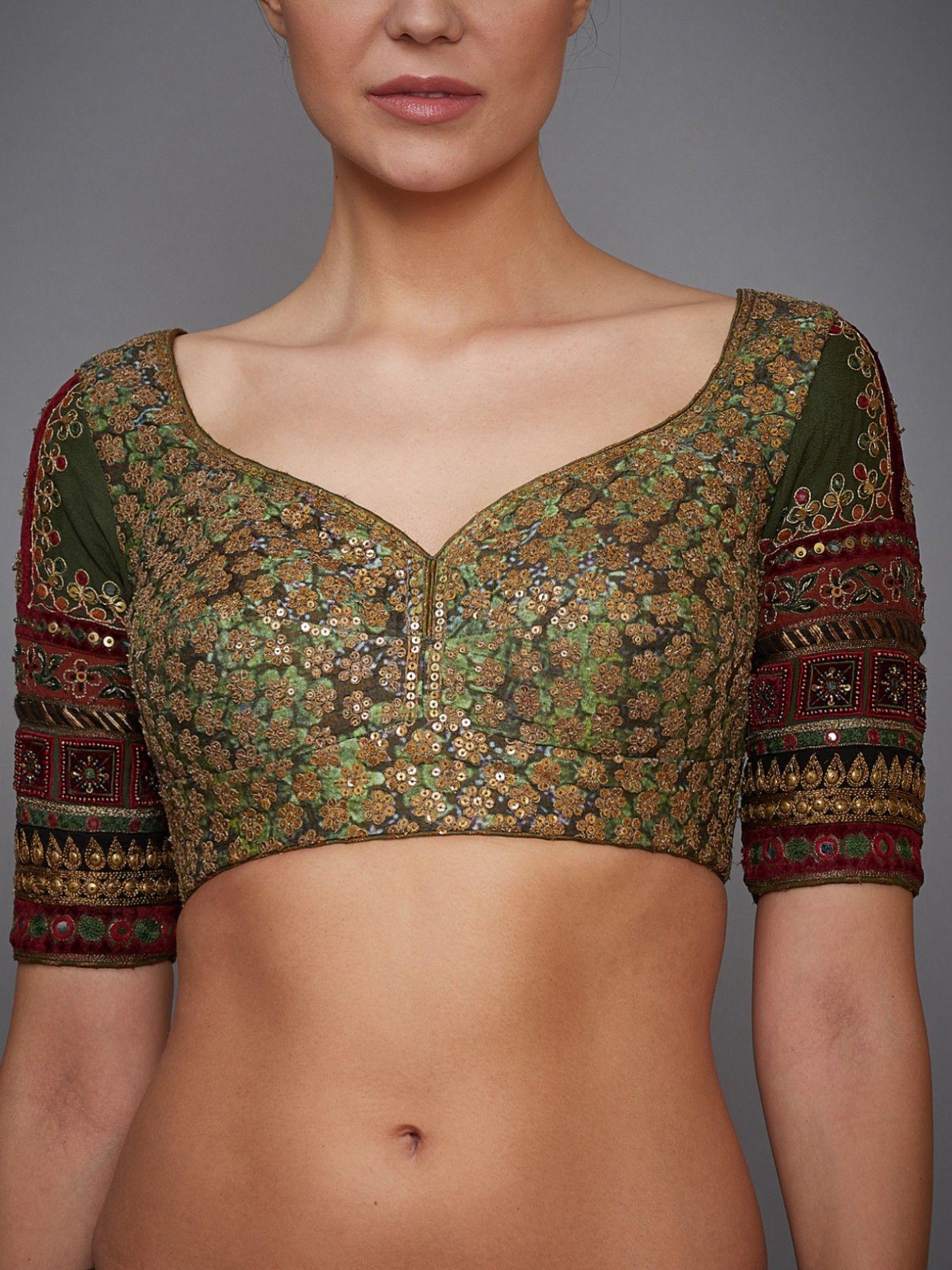 khakhi green vrindavan silk blouse