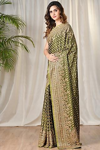 khaki green silk satin paisley hand & machine embroidered saree set