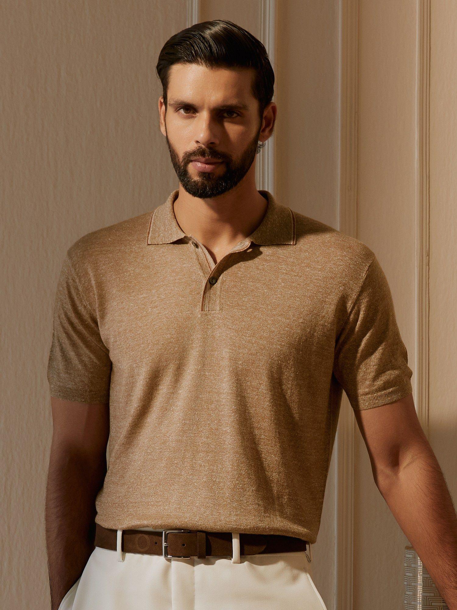 khaki men's half sleeve merino wool linen polo tshirt