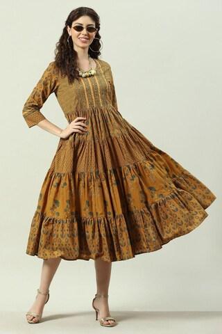 khaki printed round neck ethnic calf-length 3/4th sleeves women flared fit dress