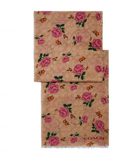 khaki signature rose print oblong scarf