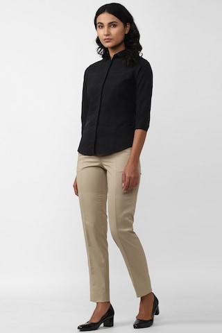 khaki solid ankle-length formal women regular fit trousers