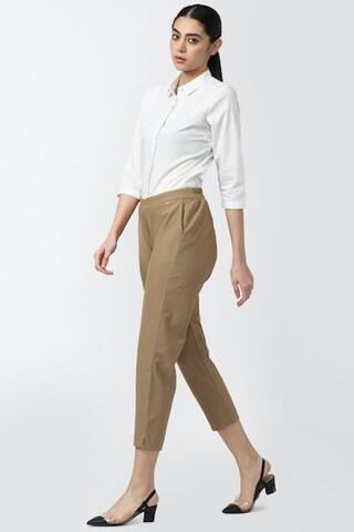 khaki textured ankle-length formal women regular fit trouser
