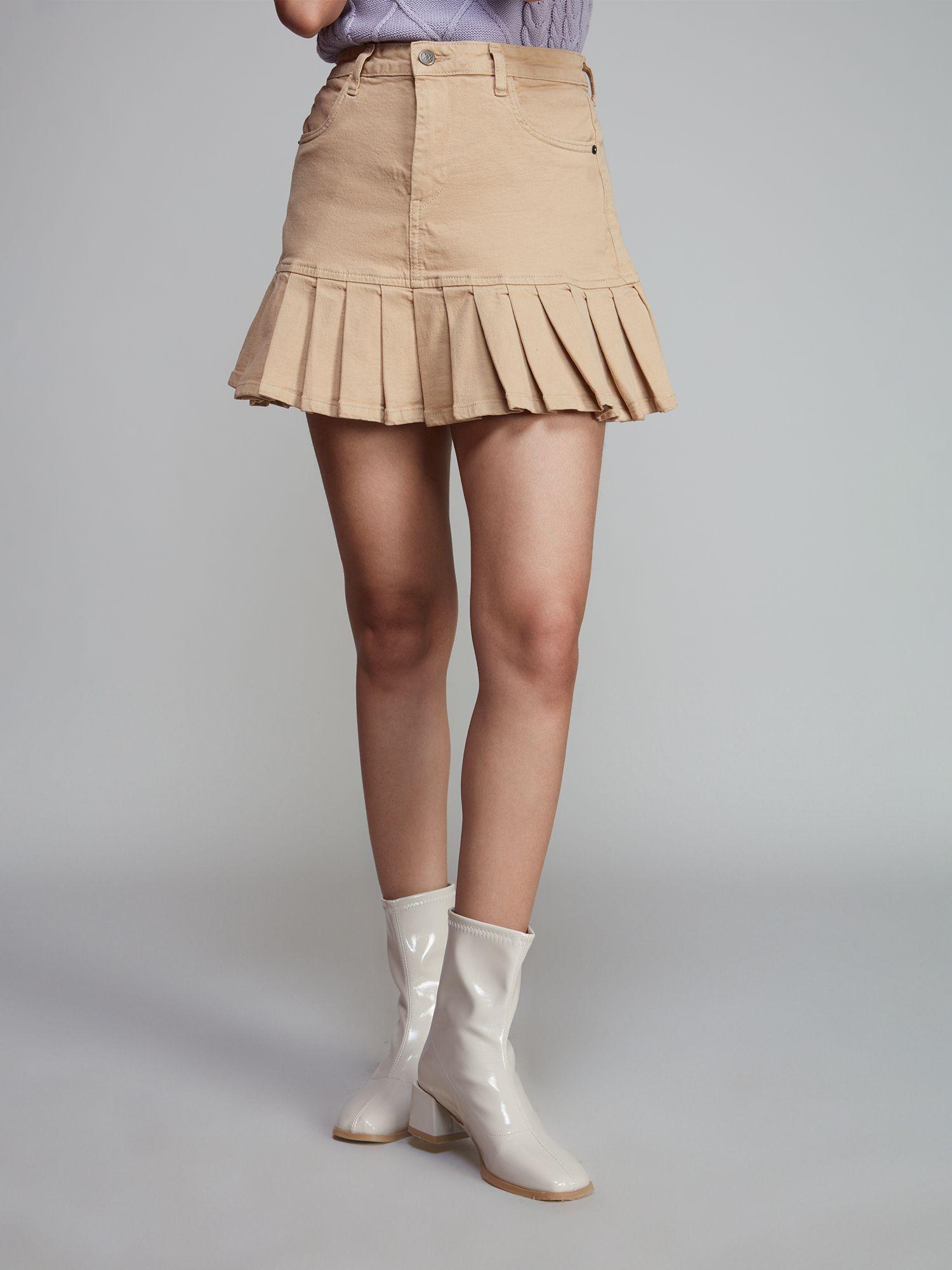 khaki a line box pleat short denim skirt