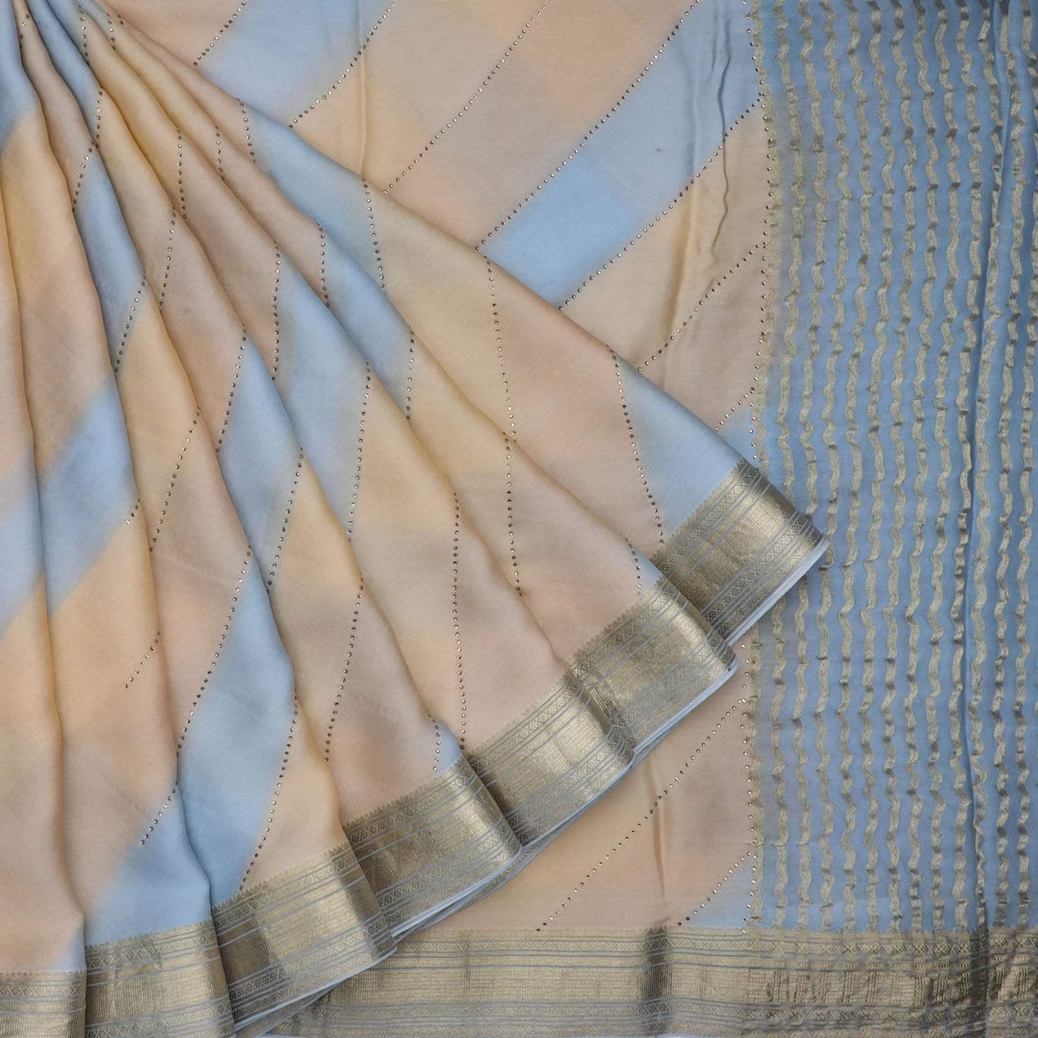 khaki and blue ombre georgette embroidery saree with striped pattern