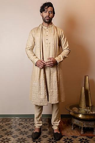 khaki beige matka silk mirror embroidered kurta set