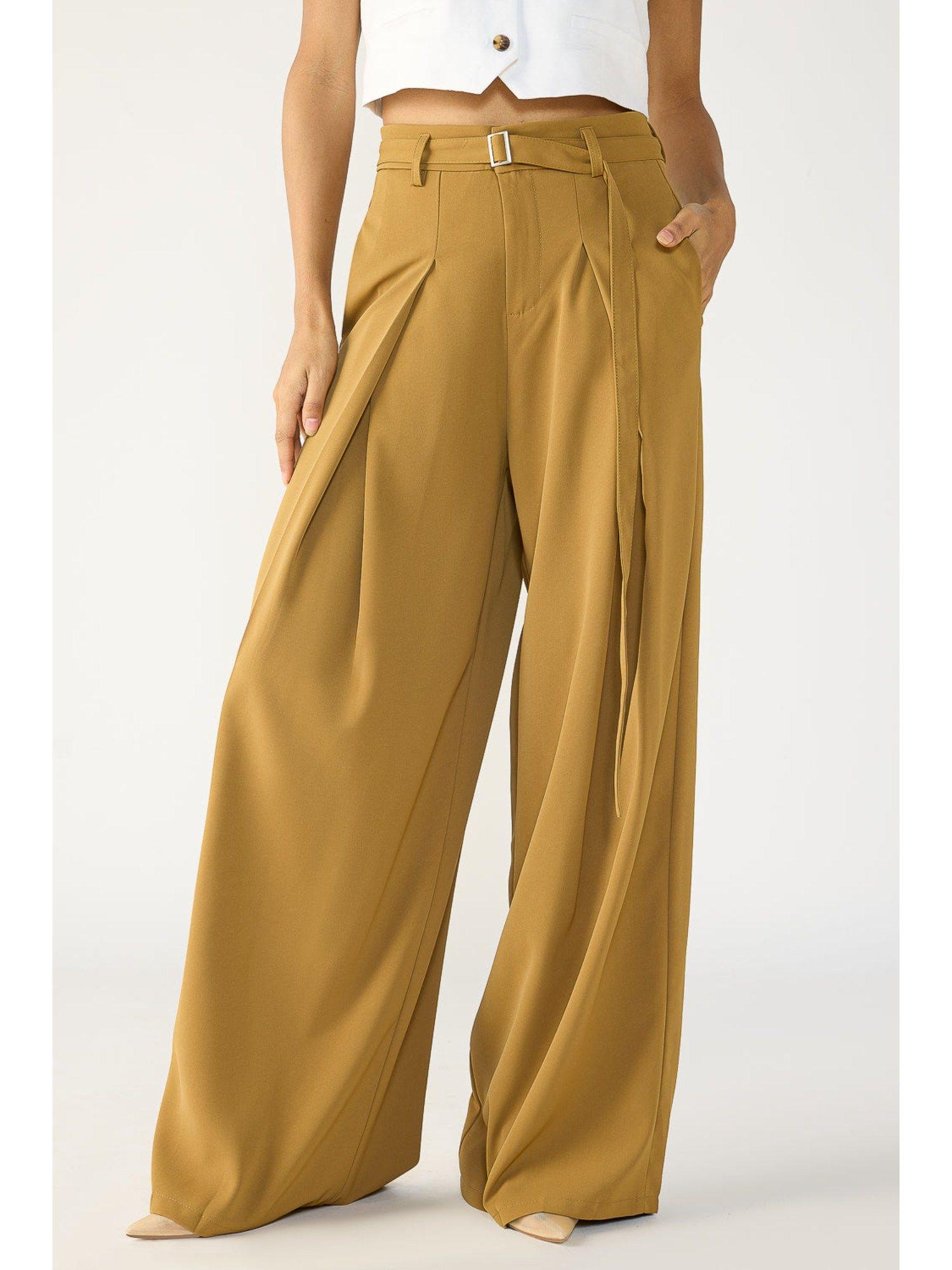 khaki belted flared korean pant with belt (set of 2)