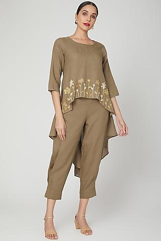 khaki brown floral embroidered tunic