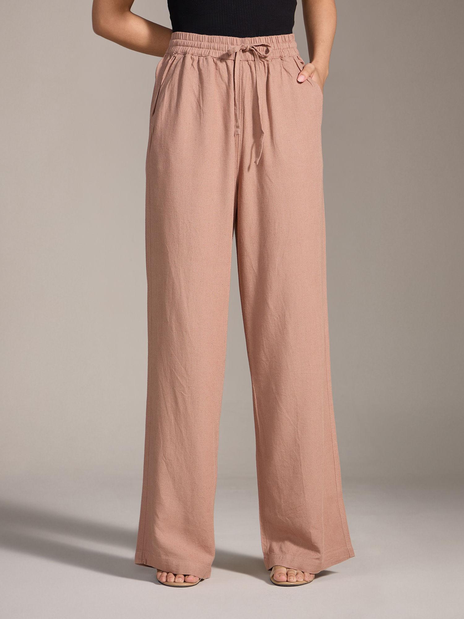 khaki brown solid mid waist straight linen pants