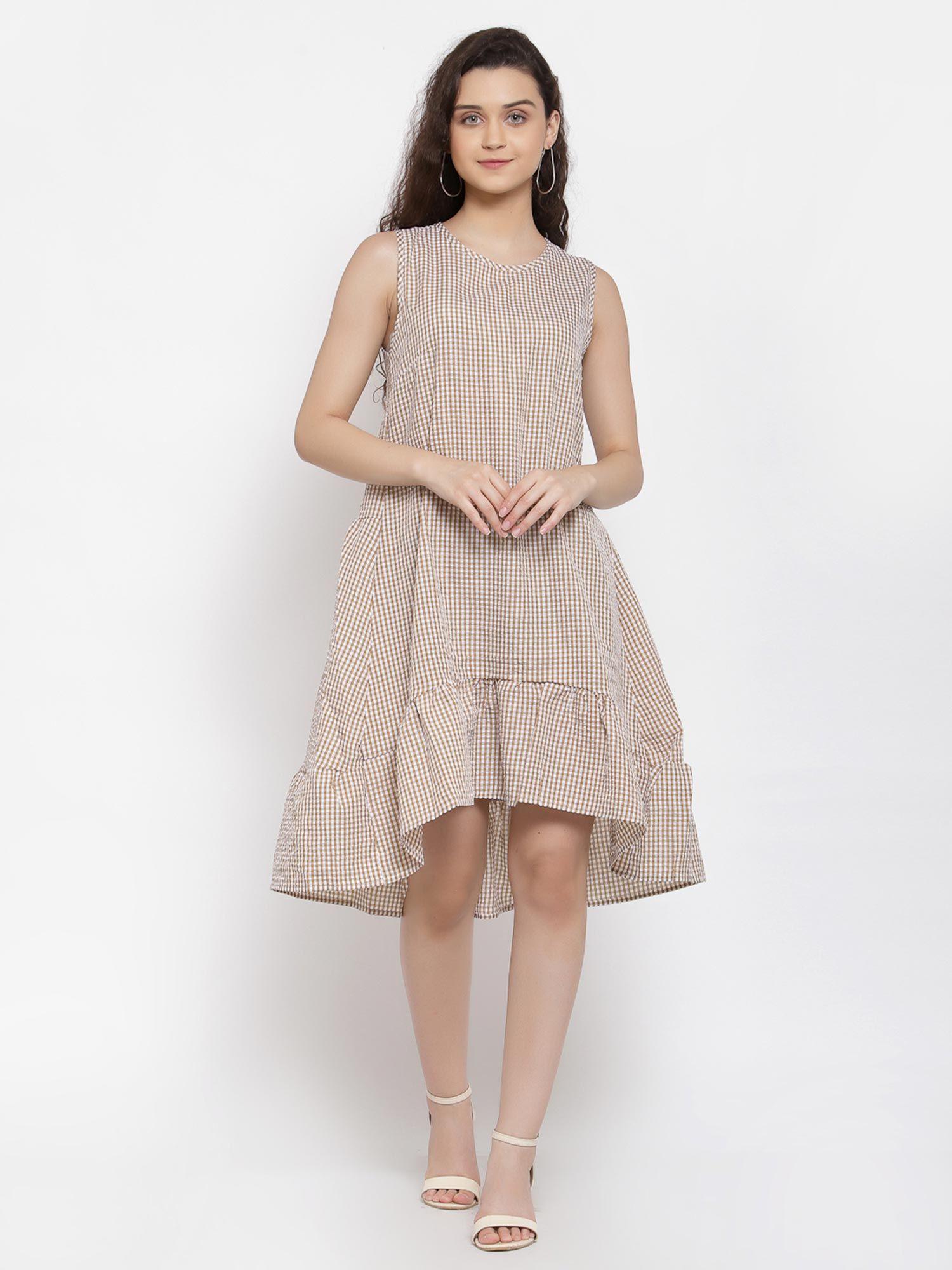 khaki checked frill hem dress