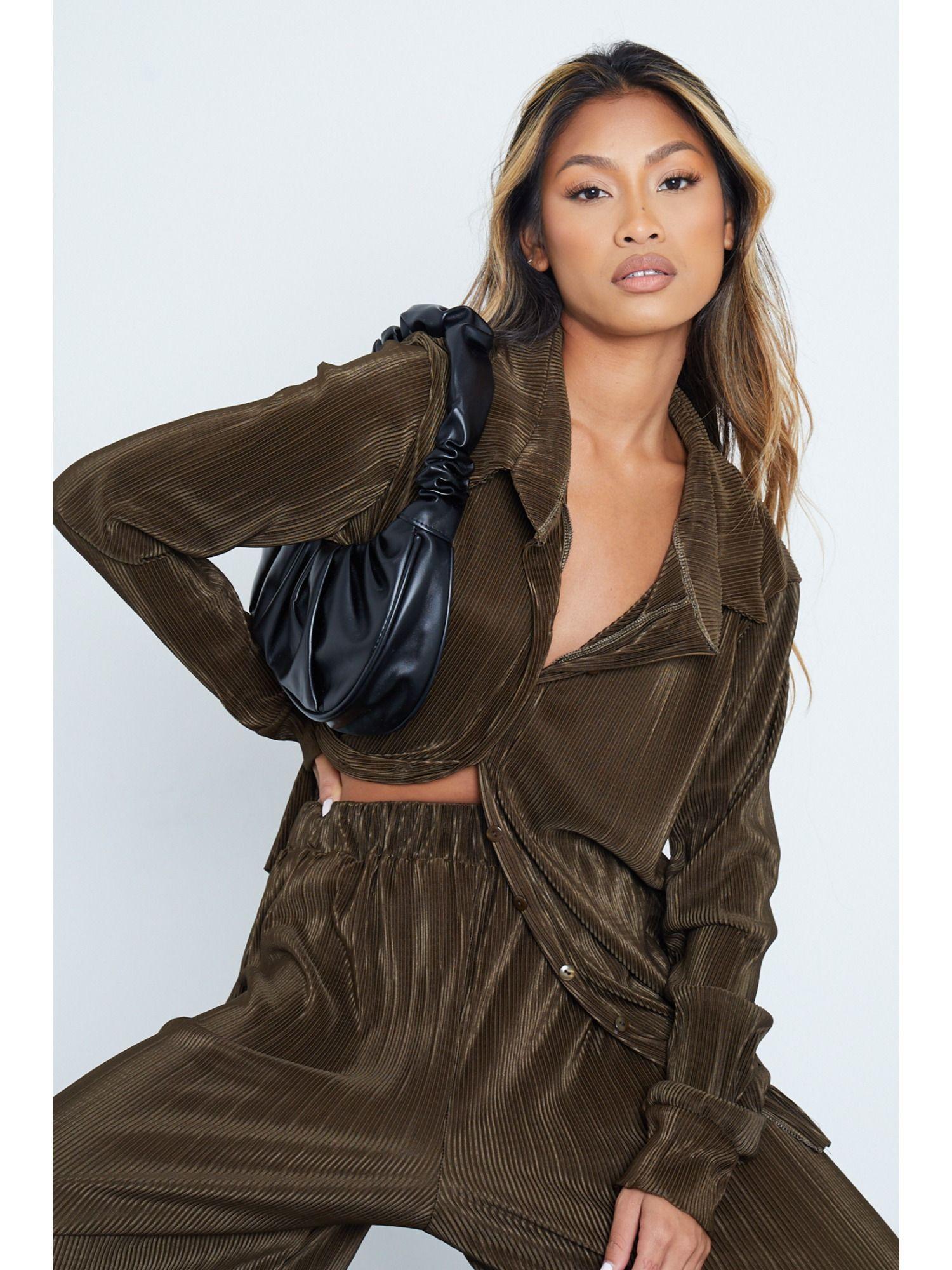 khaki co-ords plisse oversized buttoned shirt