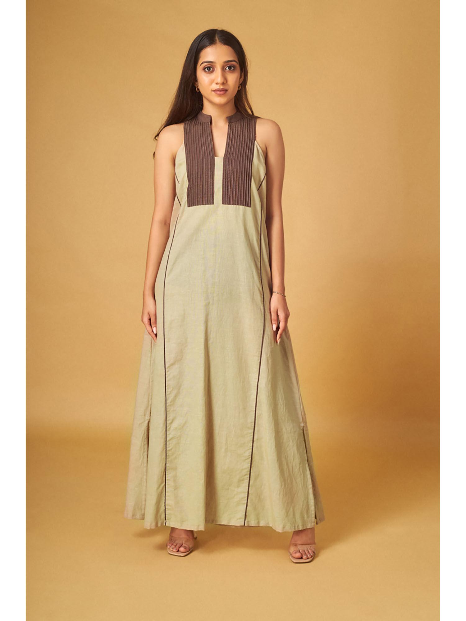 khaki colorblock linen a line maxi dress