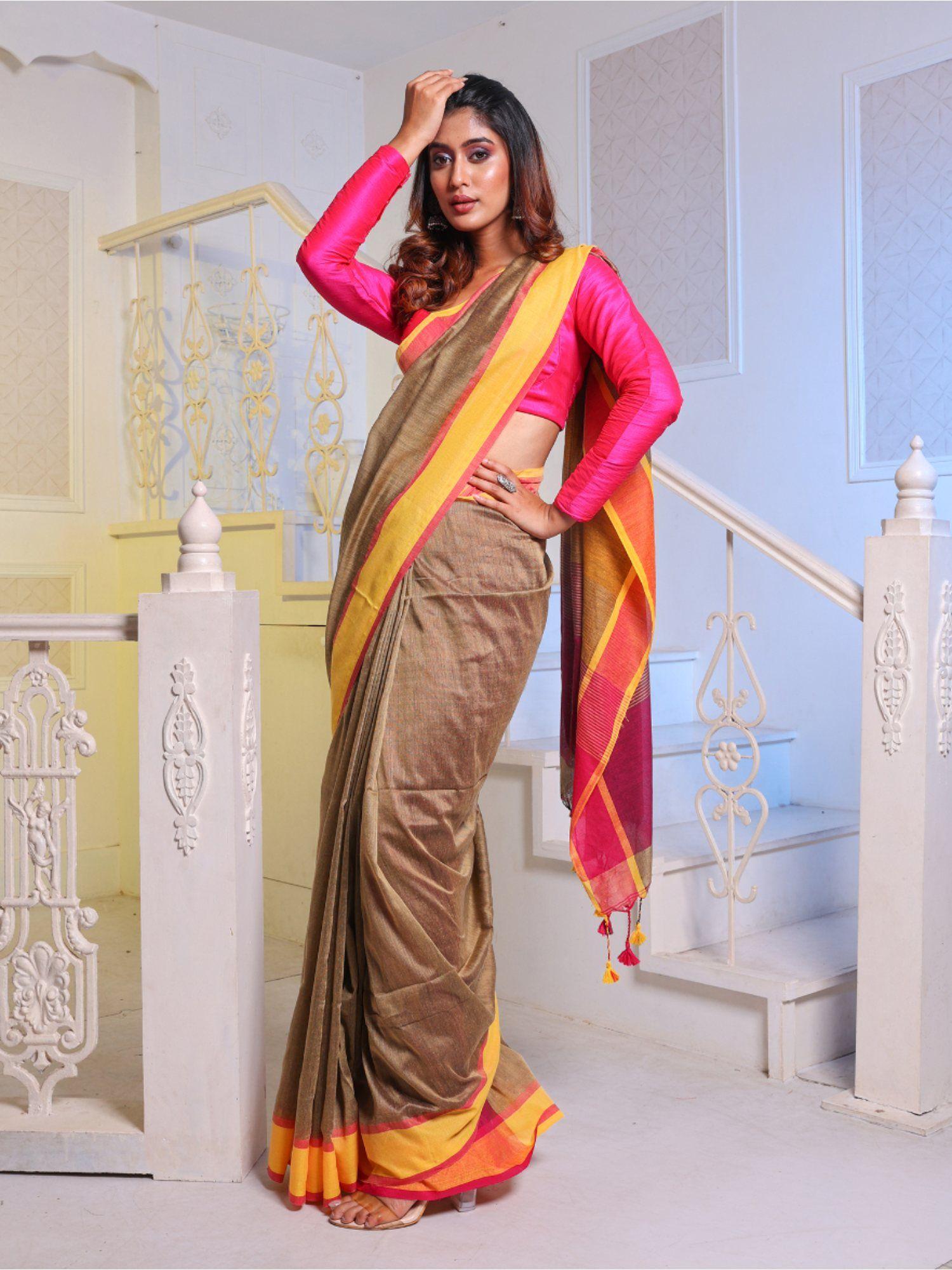 khaki cotton handwoven soft saree with unstitched blouse