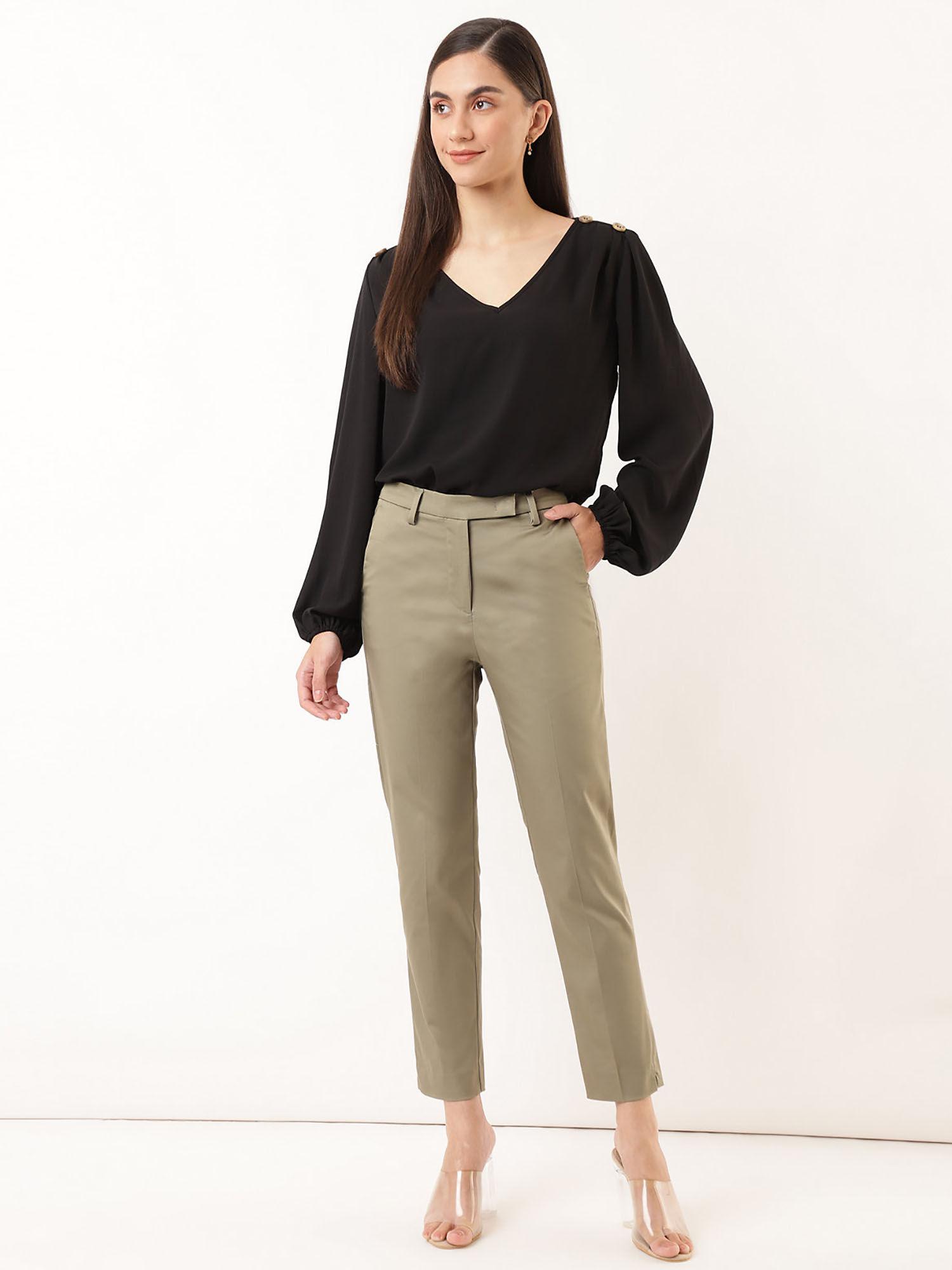 khaki cotton mix slim fit cropped trouser