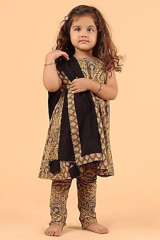 khaki cotton printed kurta set for girls