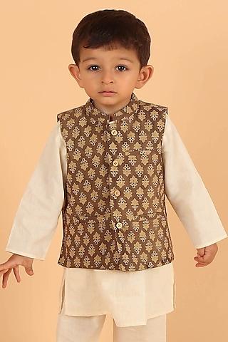 khaki cotton printed nehru jacket for boys