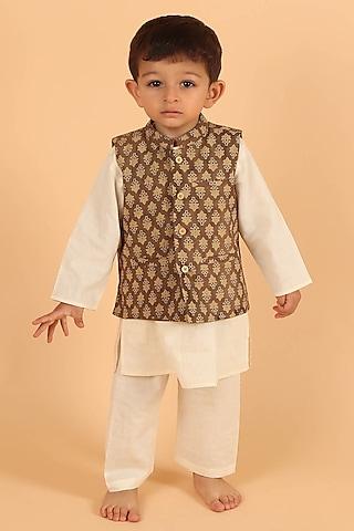 khaki cotton printed nehru jacket with kurta set for boys