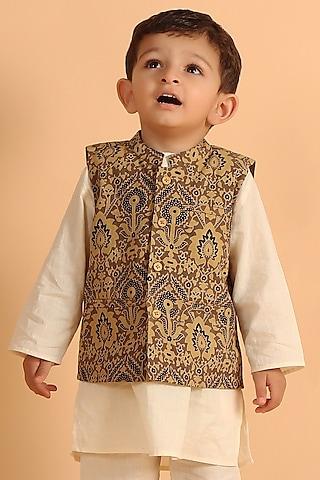 khaki cotton printed nehru jacket with kurta set for boys
