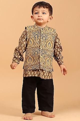 khaki cotton printed nehru jacket with kurta set for boys