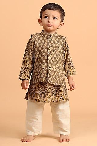 khaki cotton printed nehru jacket with kurta set for boys