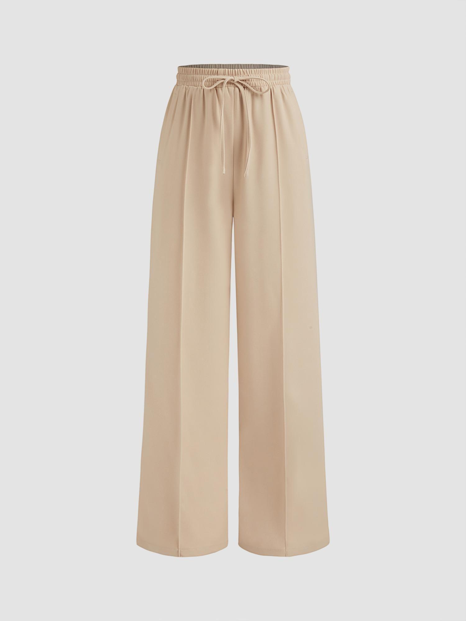 khaki elastic waist drawstring straight leg pant