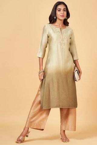 khaki embroidered calf-length  ethnic women regular fit  kurta