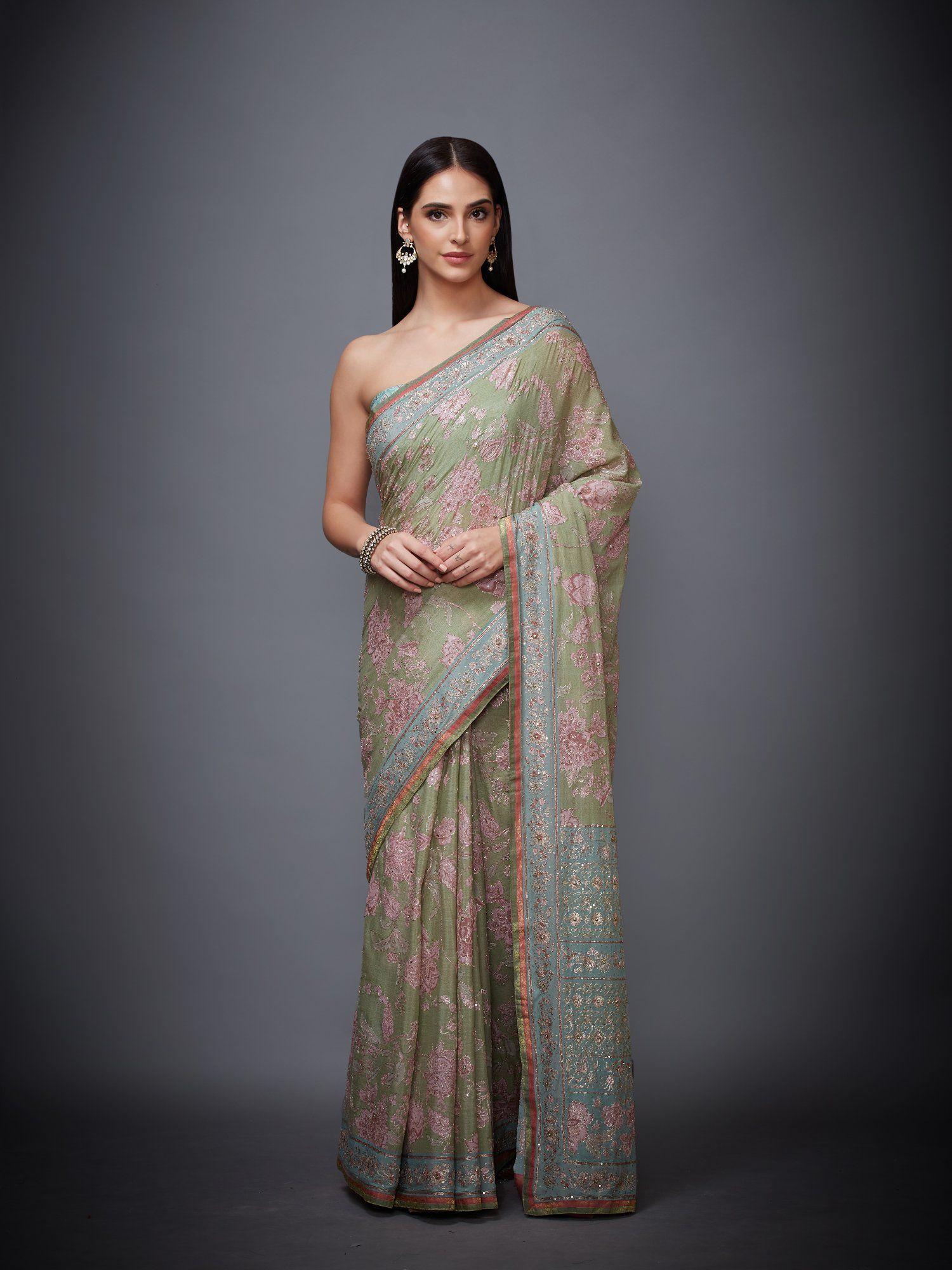 khaki floral/tropical saree with unstitched blouse