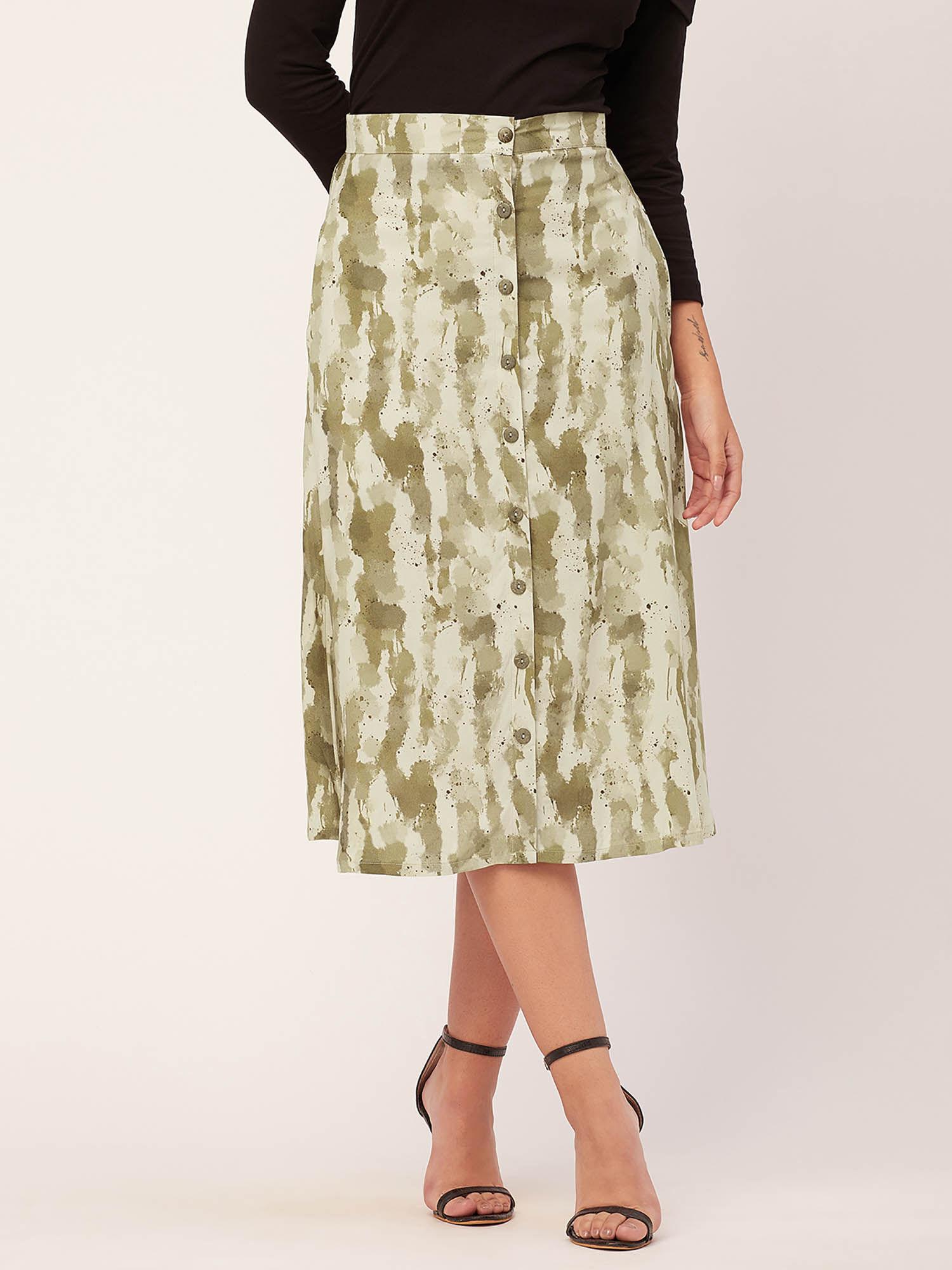 khaki front button a-line midi skirt