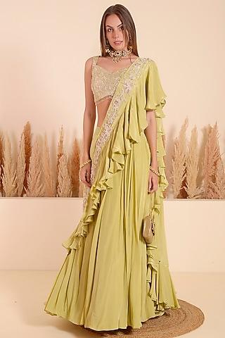 khaki green crepe ruffled draped saree set