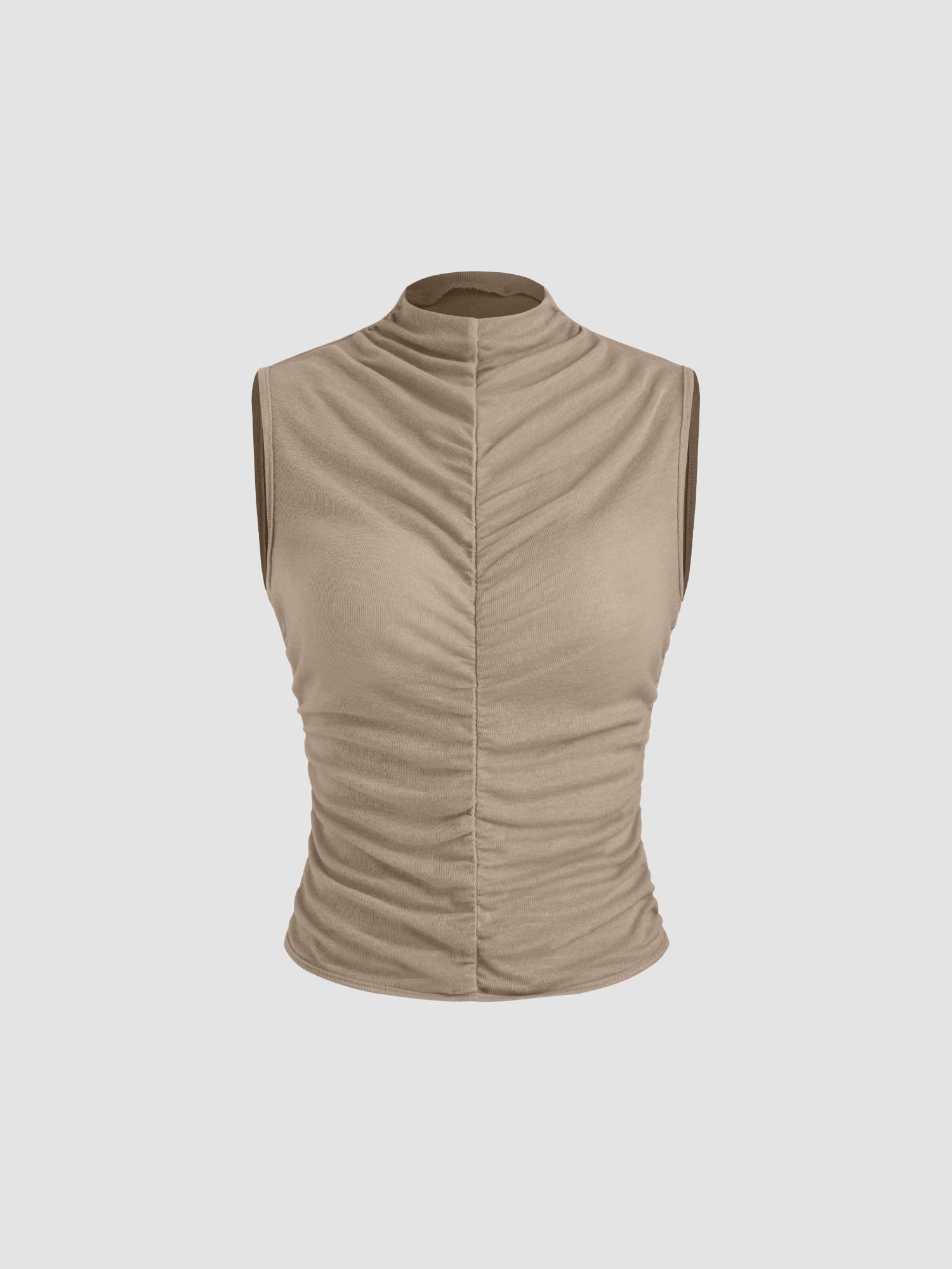 khaki high neck ruched solid top