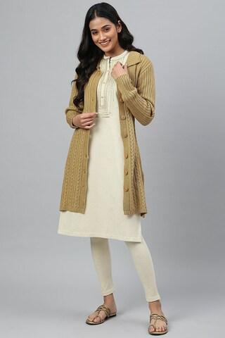 khaki knitted casual full sleeves regular collar women regular fit cardigan