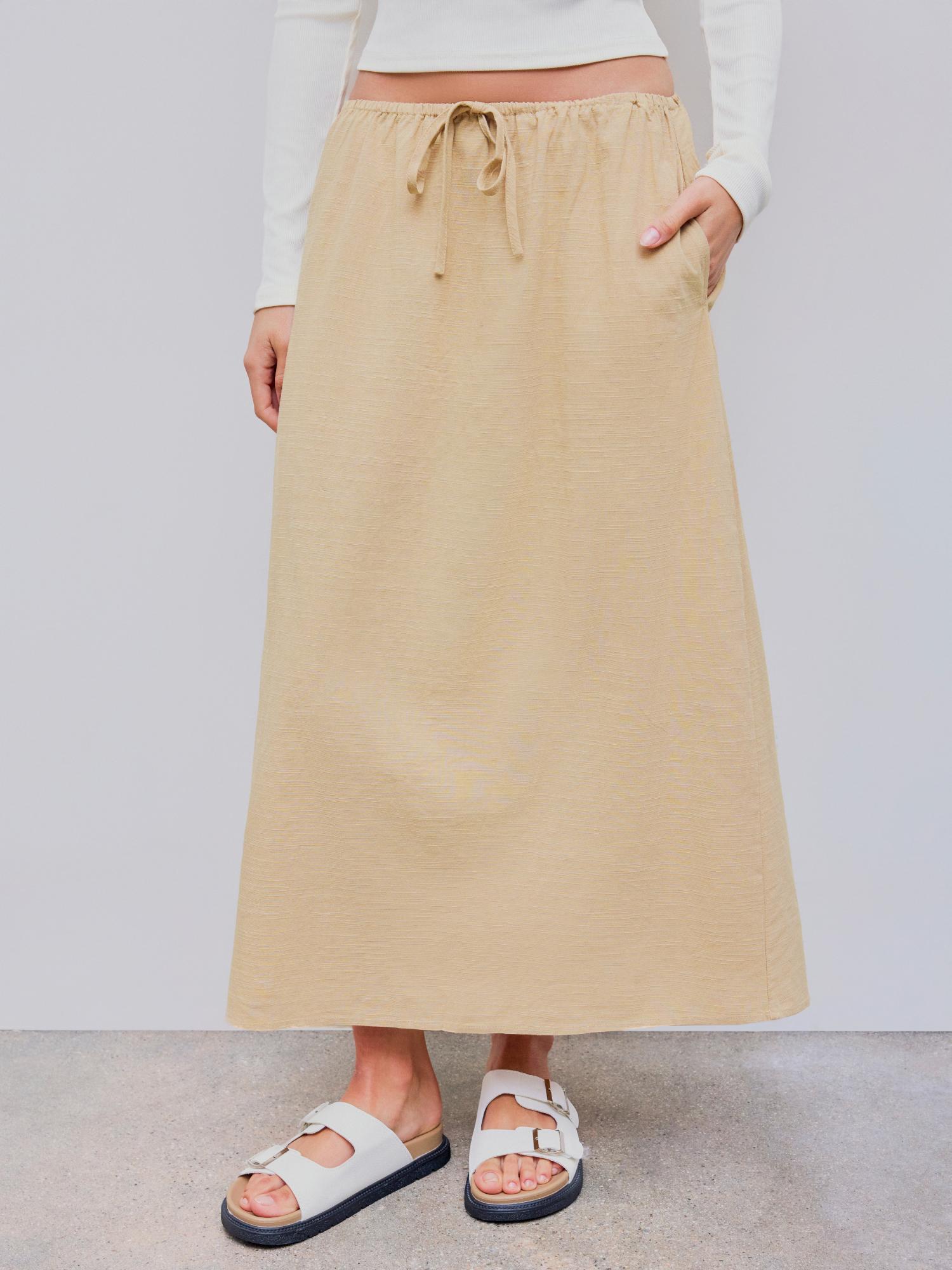 khaki linen blend high rise solid pocket maxi skirt