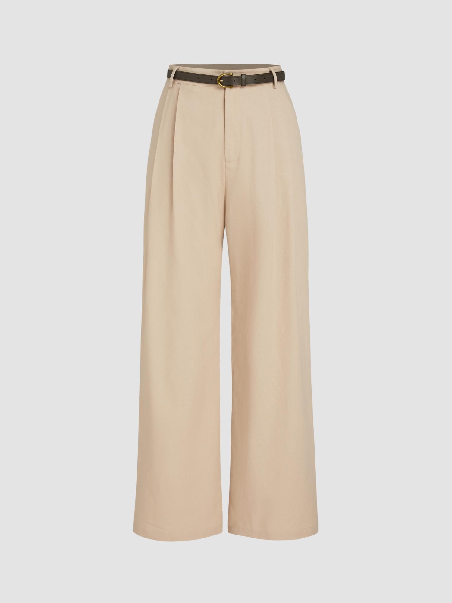 khaki linen blend solid wide leg pant with belt (set of 2)