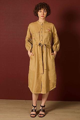 khaki linen hand embroidered shirt dress