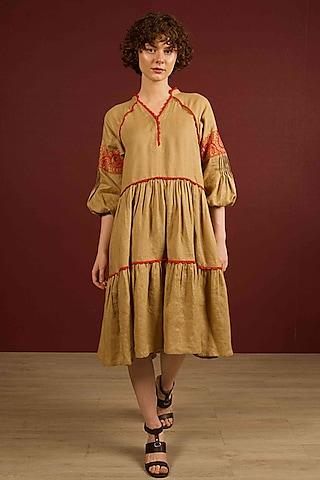 khaki linen hand embroidered tiered dress